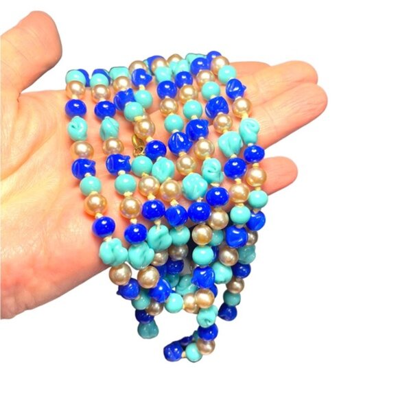 Antique Handmade CZECH Glass blue fancy bead & pearl necklace 48” LoNG - Picture 7 of 12
